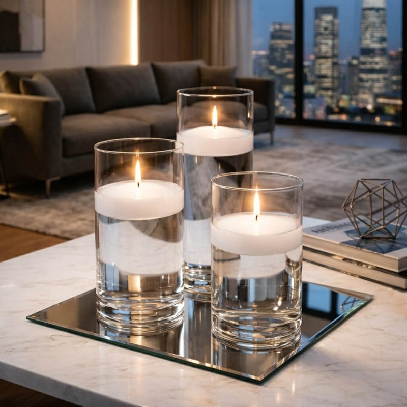 Eastland Square Mirror and Cylinder Vase Centerpiece with Richland 3" Floating Candles Set of 7 - White - 8 Inch Size - thumbnail number 6