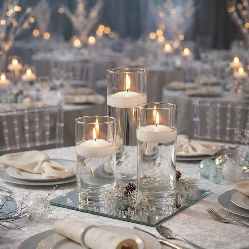 Eastland Square Mirror and Cylinder Vase Centerpiece with Richland 3" Floating Candles Set of 7 - Light Ivory - 10 Inch Size - thumbnail number 5