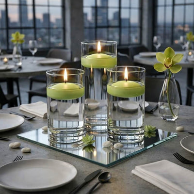 Eastland Square Mirror and Cylinder Vase Centerpiece with Richland 3" Floating Candles Set of 7 - Green - 12 Inch Size - thumbnail number 4