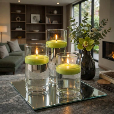 Eastland Square Mirror and Cylinder Vase Centerpiece with Richland 3" Floating Candles Set of 7 - Green - 12 Inch Size - thumbnail number 6