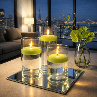 Eastland Square Mirror and Cylinder Vase Centerpiece with Richland 3" Floating Candles Set of 7 - Green - 12 Inch Size - thumbnail number 7