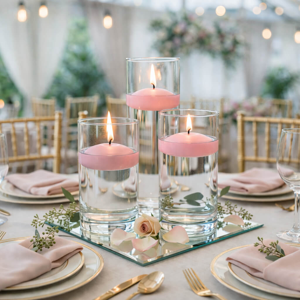 Eastland Square Mirror and Cylinder Vase Centerpiece with Richland 3" Floating Candles Set of 7