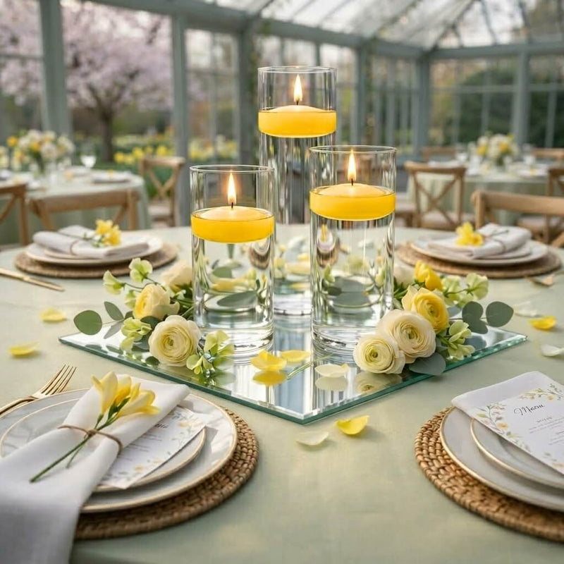 Table centerpiece featuring three floating candles and white flowers - thumbnail number 4