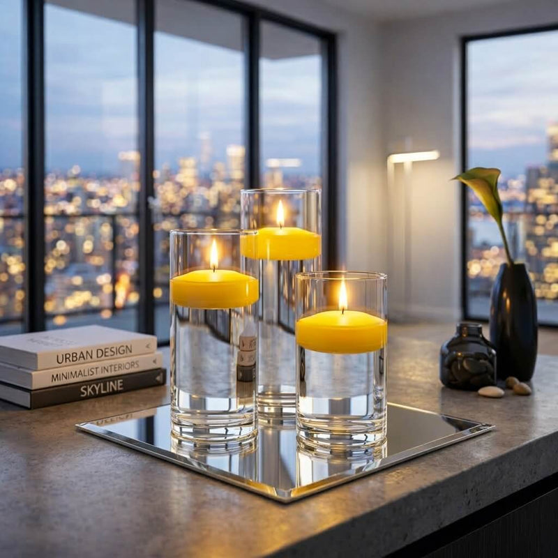 Yellow floating candles in glass cylinders on a square mirror with a skyline - thumbnail number 5