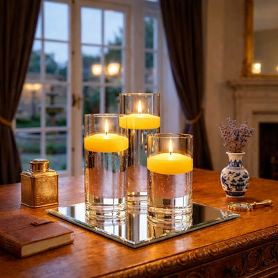 Glass cylinder vases with yellow floating candles on a mirror tray - thumbnail number 3