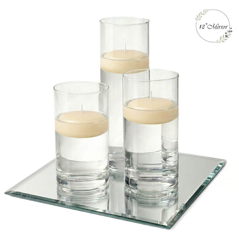 Eastland Square Mirror and Cylinder Vase Centerpiece with Richland 3" Floating Candles Set of 7 - Ivory - 12 Inch Size - thumbnail number 1