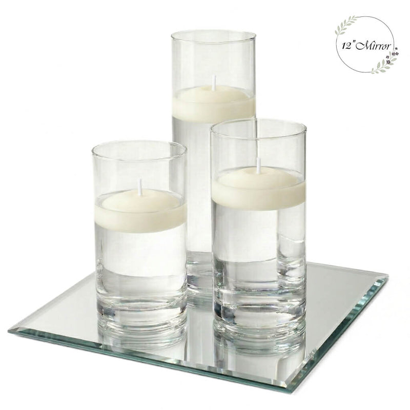 Eastland Square Mirror and Cylinder Vase Centerpiece with Richland 3" Floating Candles Set of 7 - Light Ivory - 12 Inch Size - thumbnail number 1