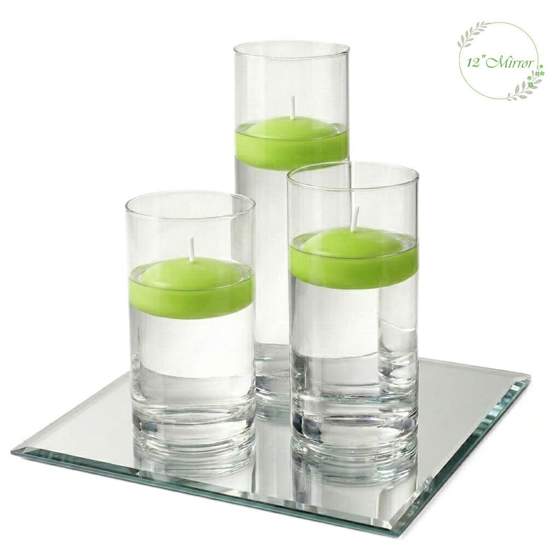 Eastland Square Mirror and Cylinder Vase Centerpiece with Richland 3" Floating Candles Set of 7 - Green - 12 Inch Size - thumbnail number 1