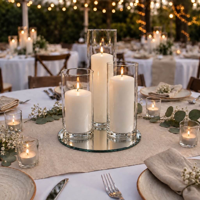 Lit pillar candles in glass cylinders on a mirror tray at an outdoor wedding table - thumbnail number 4