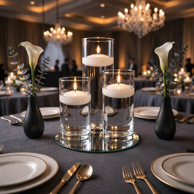 Lit floating candles in glass cylinders on a mirror tray with calla lily vases on a table - thumbnail number 5