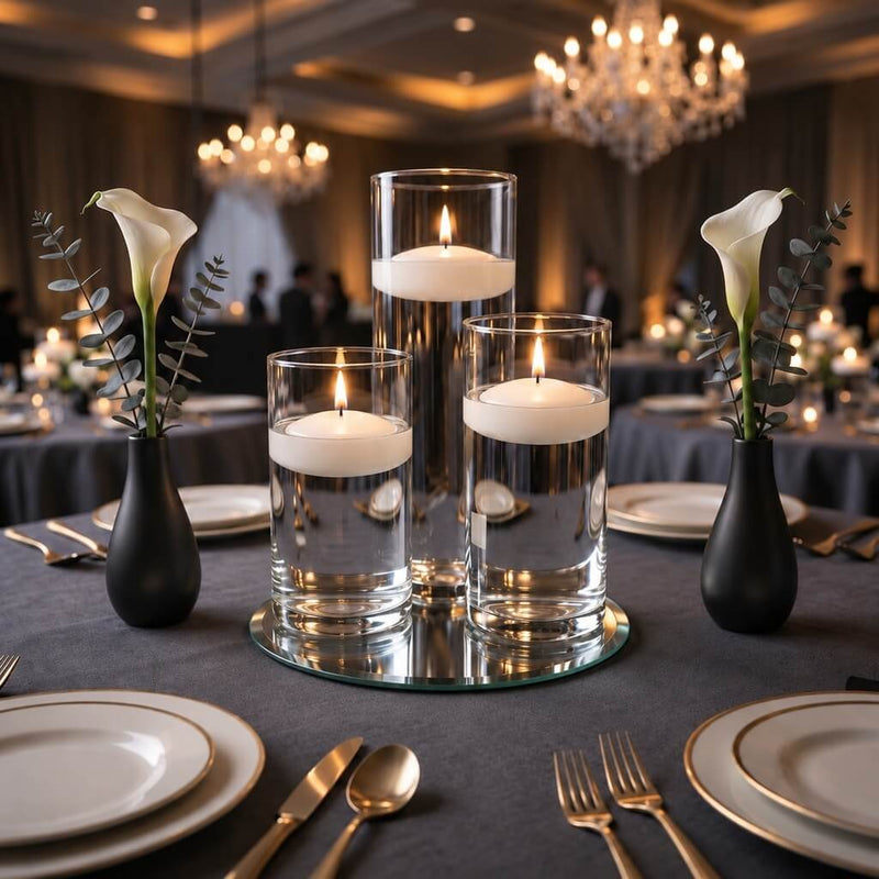 Lit floating candles in glass cylinders on a mirror tray with calla lily vases on a table - thumbnail number 5