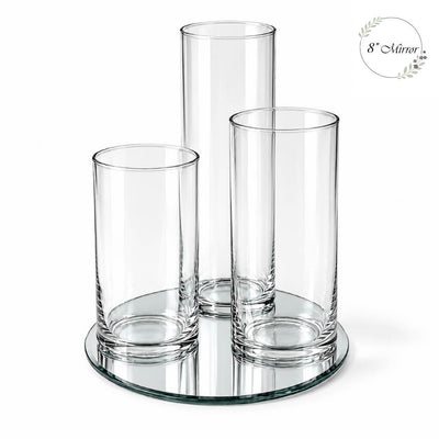 Three empty glass cylinder vases arranged on an eight-inch round mirror tray - thumbnail number 1