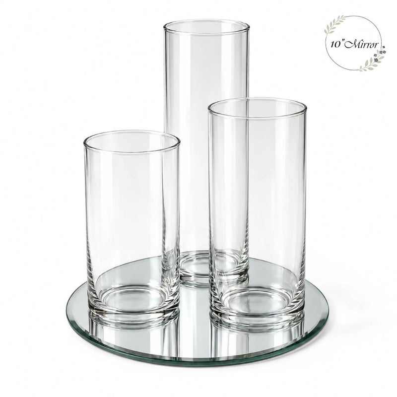 Three empty glass cylinder vases arranged on a ten-inch round mirror tray - thumbnail number 1