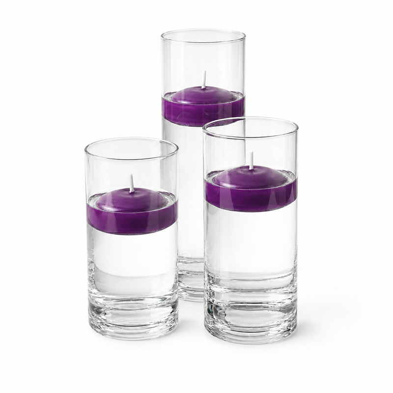 Three purple floating candles in glass cylinders on a white background - thumbnail number 1