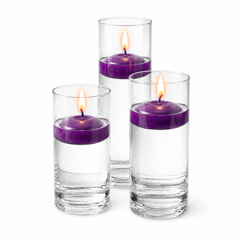 Three purple floating candles burning inside tall clear glass vases - thumbnail number 2