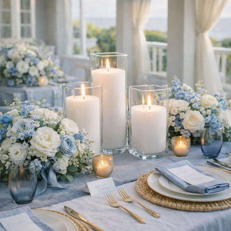Richland Pillar Candle 9" & Eastland Square Holder 12" Set of 12 - White - thumbnail number 3