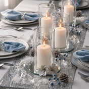 5" Round Mirror Coaster with lit candles in glass cylinder vases on a winter tablescape - thumbnail number 6