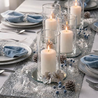 5" Round Mirror Coaster with lit candles in glass cylinder vases on a winter tablescape - thumbnail number 6