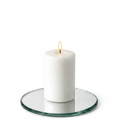 A 5" Round Mirror Coaster holding a lit white pillar candle isolated on a white background - thumbnail number 3