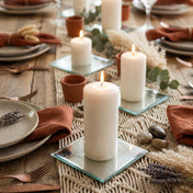 5" Square Mirror Coasters holding lit white pillar candles on a rustic boho tablescape - thumbnail number 4