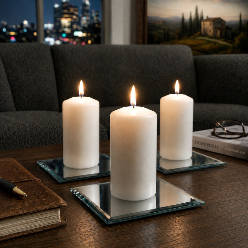 Three 5" Square Mirror Coasters holding lit white pillar candles on a wooden coffee table - thumbnail number 8