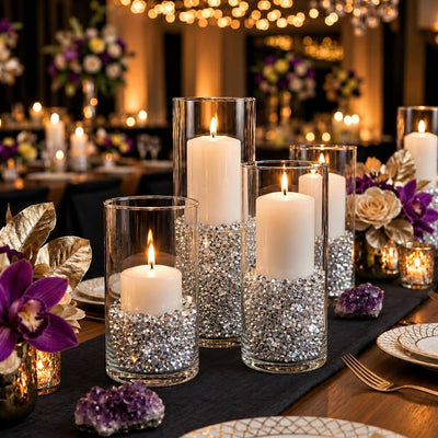 Lit white candles in glass vases filled with silver faux diamond gems on an elegant dinner table - thumbnail number 3