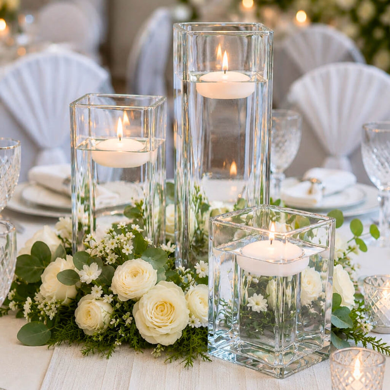 Square vases with water and floating candles on a floral tablescape - thumbnail number 9