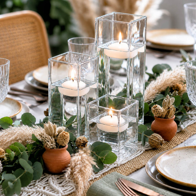 Floating white candles in a Square Vase set on a boho tablescape with greenery - thumbnail number 5