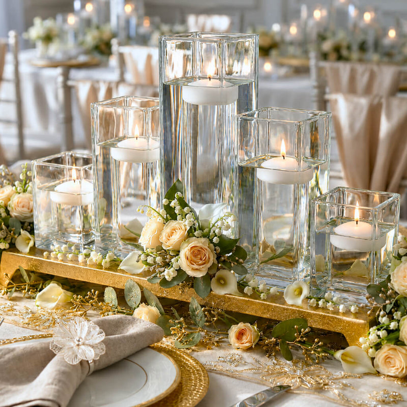Upscale Square Floating Candle Holder set on gold tray with roses - thumbnail number 6