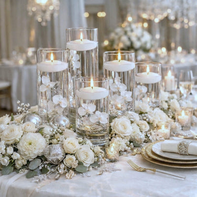 Cylinder Vase Centerpiece & Richland 3" Floating Candles Set of 48 - White - thumbnail number 5