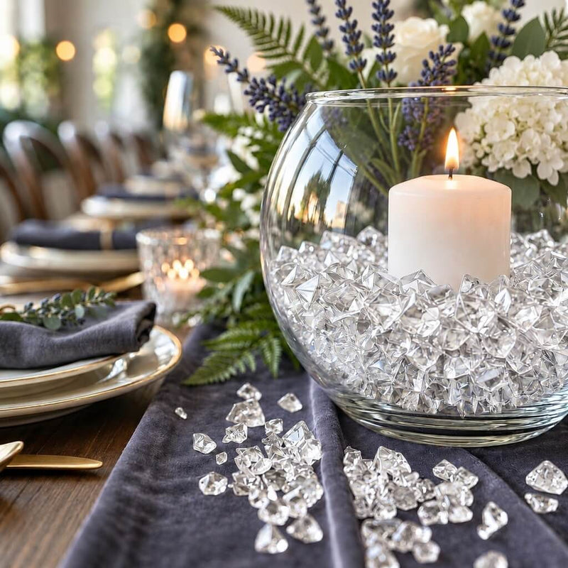 Lit white candle in a glass bowl with clear acrylic ice beads on a dark blue table runner - thumbnail number 2