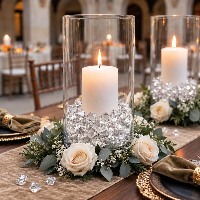 Lit white candles in glass cylinders filled with clear acrylic ice beads on a floral centerpiece - thumbnail number 3