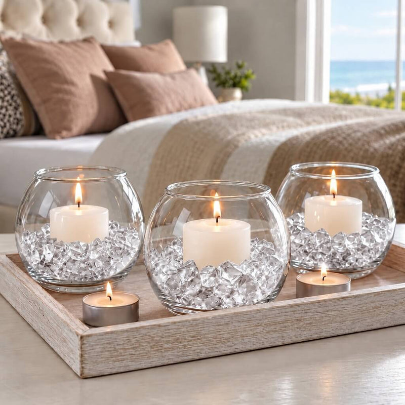 Lit candles in glass bowls filled with clear acrylic ice beads on a tray in a bedroom setting - thumbnail number 6