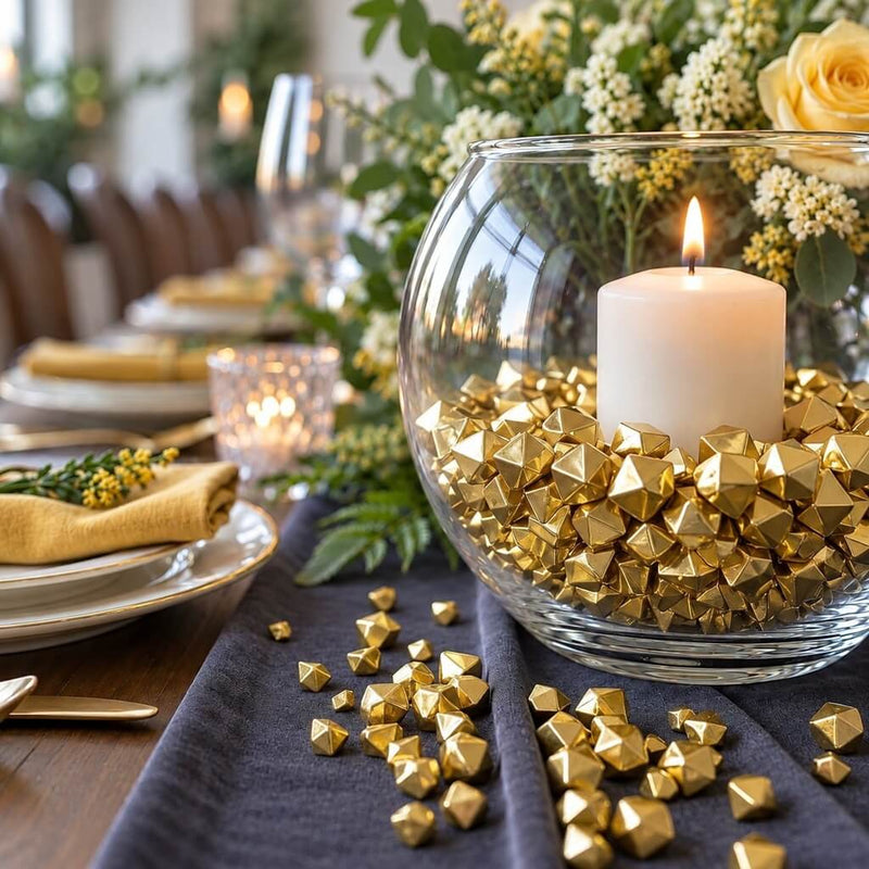 Glass bowl filled with gold acrylic ice beads and a candle on a table runner - thumbnail number 2