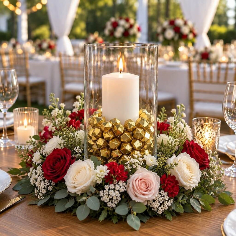 A tall glass cylinder candle holder filled with gold acrylic ice beads, surrounded by roses - thumbnail number 3