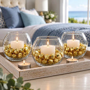 Glass globes with candles and gold acrylic ice beads on a wooden tray - thumbnail number 6