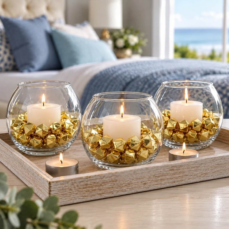 Glass globes with candles and gold acrylic ice beads on a wooden tray - thumbnail number 6
