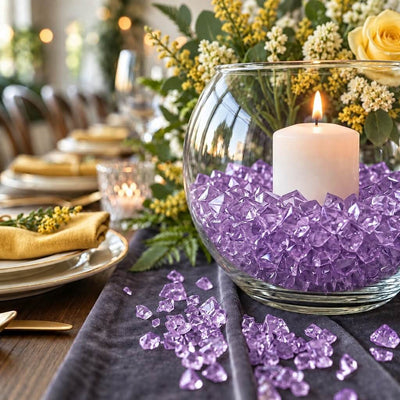 Lit white candle in a glass bowl filled with purple acrylic ice beads on a dark runner - thumbnail number 2
