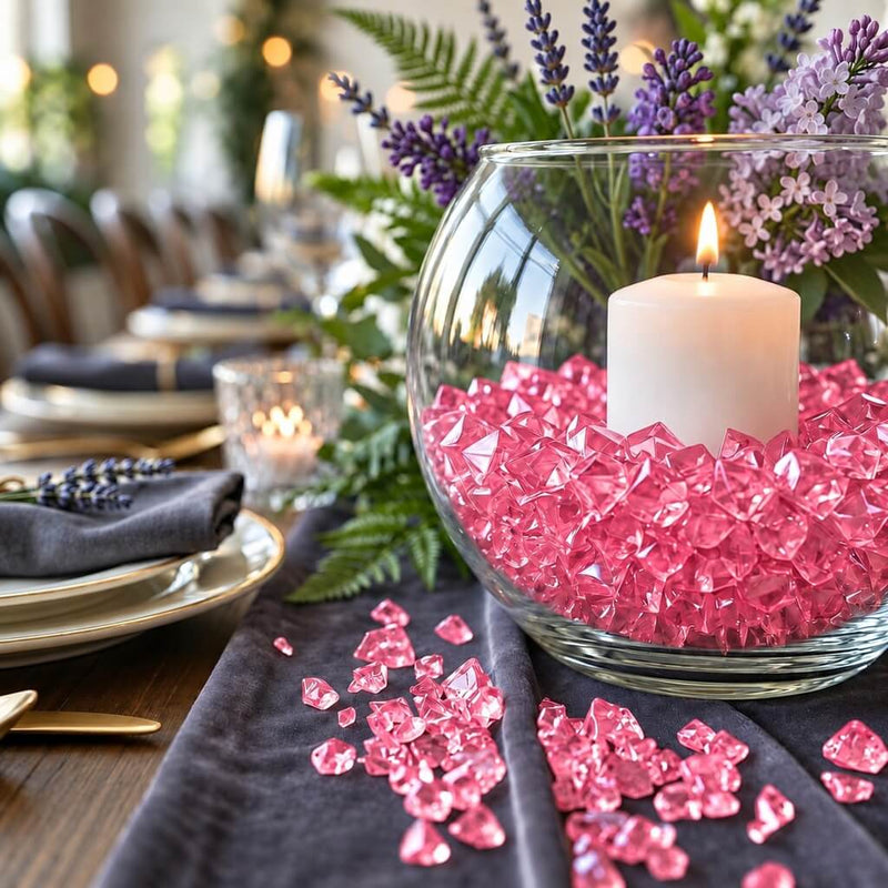 Lit white candle in a glass bowl filled with pink acrylic ice beads on a dark table runner - thumbnail number 4