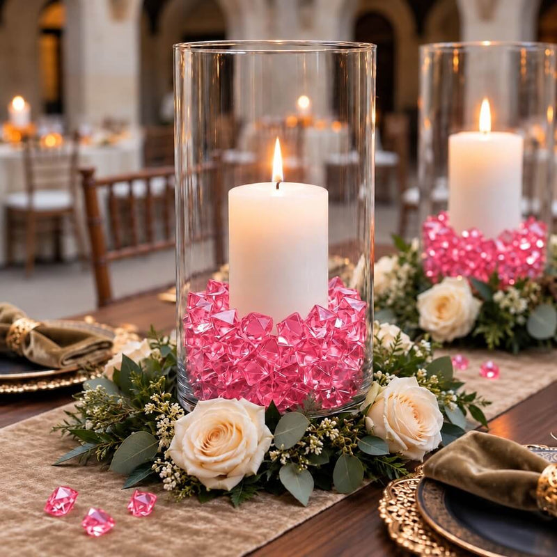 Lit white candles in glass cylinders filled with pink acrylic ice beads on a floral centerpiece - thumbnail number 5