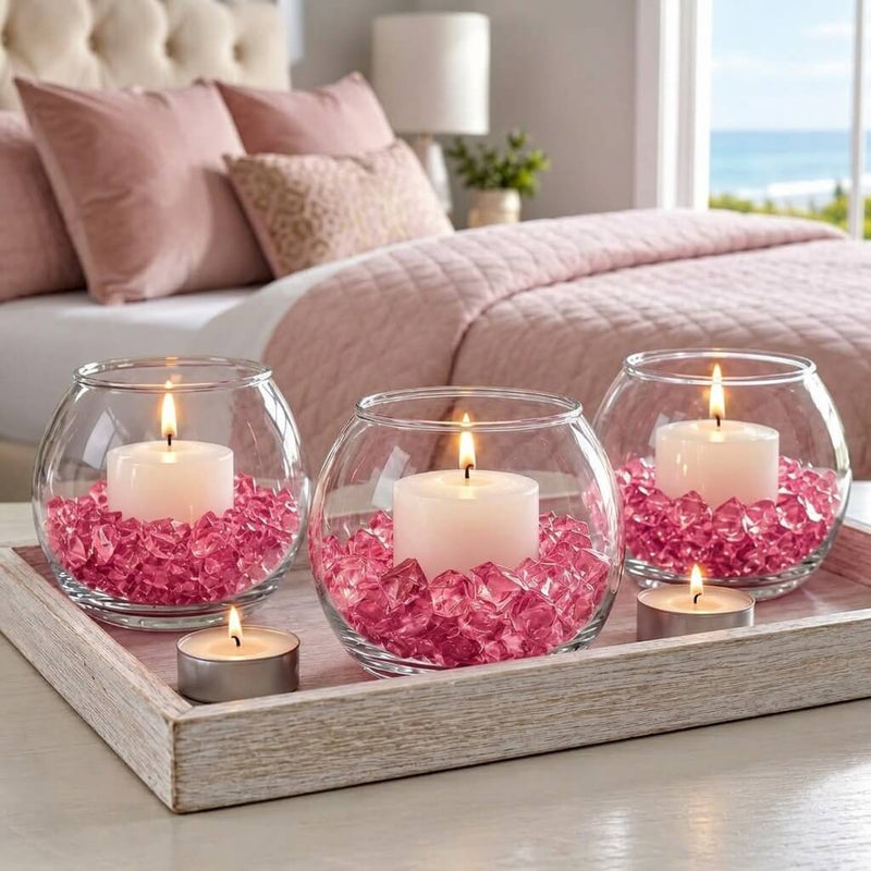 Lit candles in glass bowls filled with pink acrylic ice beads on a tray in a bedroom setting - thumbnail number 7