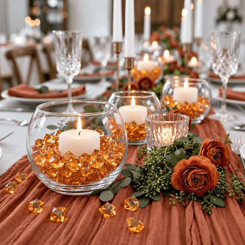 Round glass bowl vases filled with orange acrylic ice beads surrounding lit candles - thumbnail number 3