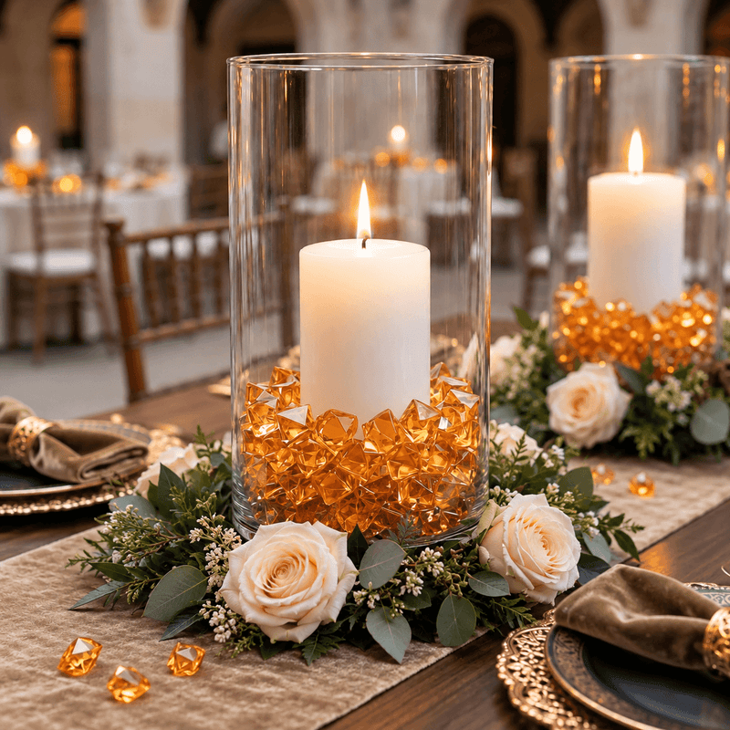Orange acrylic ice beads fill glass vases around lit candles and flowers - thumbnail number 4