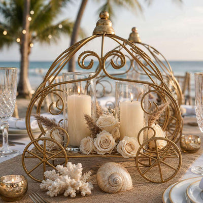 Gold carriage centerpiece with candles and roses on a beach table - thumbnail number 4