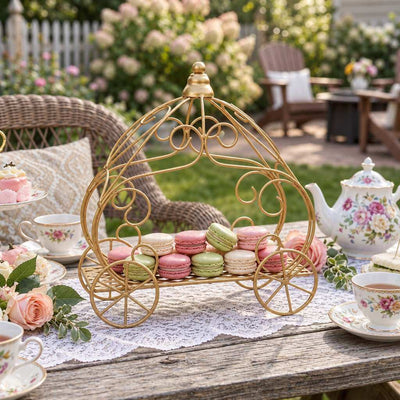 Gold carriage centerpiece holding colorful macarons on an outdoor table - thumbnail number 8