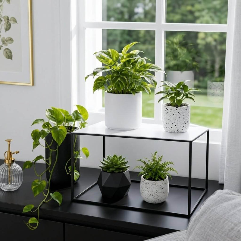 12 inch black metal display shelf holding various potted plants on a table - thumbnail number 8