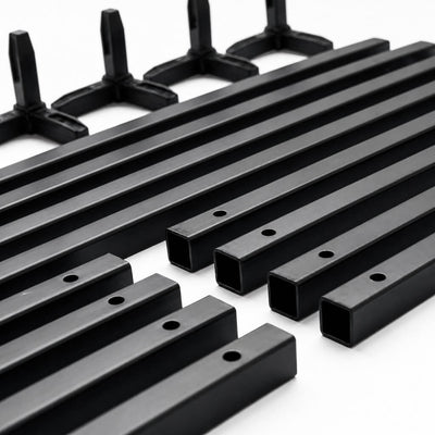 Disassembled black metal poles and plastic connectors for a display stand - thumbnail number 3