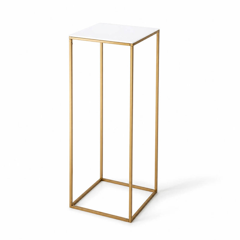Tall gold metal display stand topped with a square white acrylic plexiglass sheet - thumbnail number 2