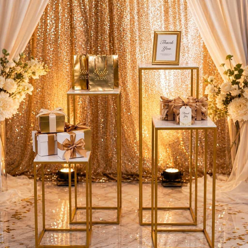 Four white acrylic square tops on gold frames displaying event gift boxes and signs - thumbnail number 4