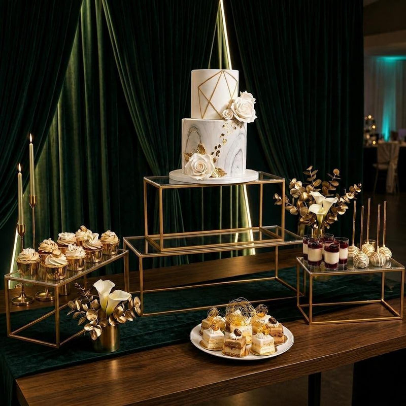 Two-tier clear acrylic and gold metal display stands showcasing a tiered cake and desserts - thumbnail number 6